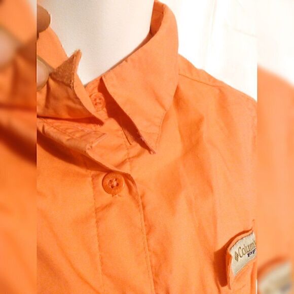 Columbia Button Down Short Sleeve Collar  Zipper Pocket Orange  Shirt L - Picture 8 of 12
